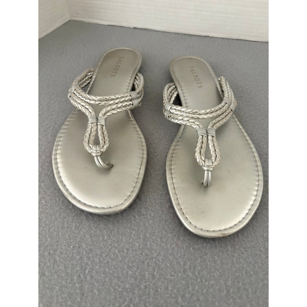 Talbots Womens Sandals Flat Braided T-Strap Size 8.5-9 Silver Metallic Boho Chic